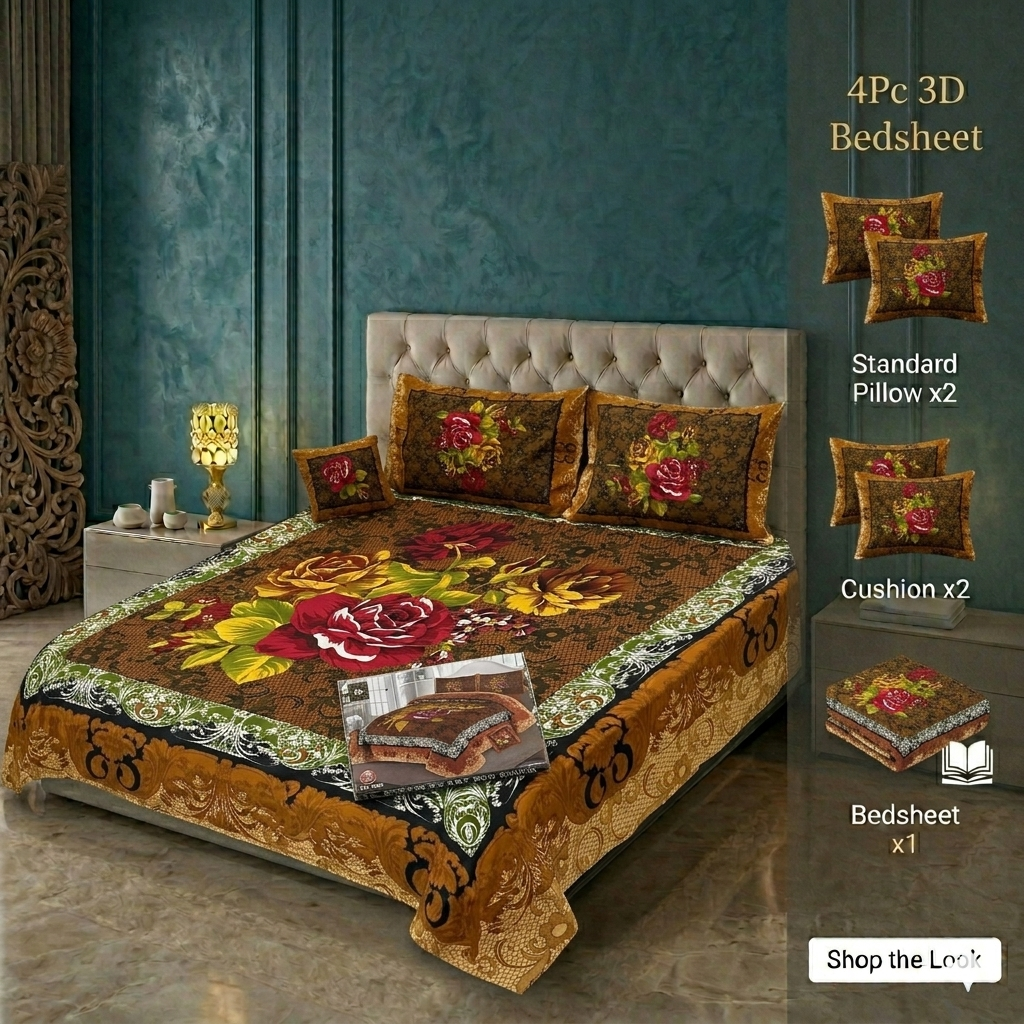 Premium 3D Panel Crystal Cotton Bedsheet Set - 4-Piece King Size (Silky Soft & Wrinkle-Resistant)