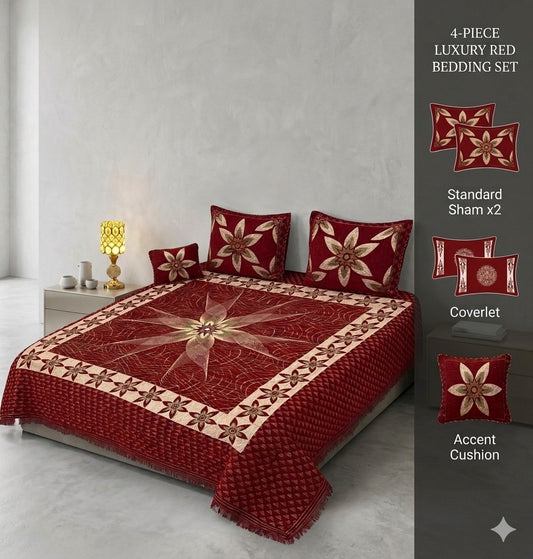 Premium King Size Velvet Jacquard Bedsheet Set - 4-Piece Luxury Bridal Bedding (100% Color Guaranteed)