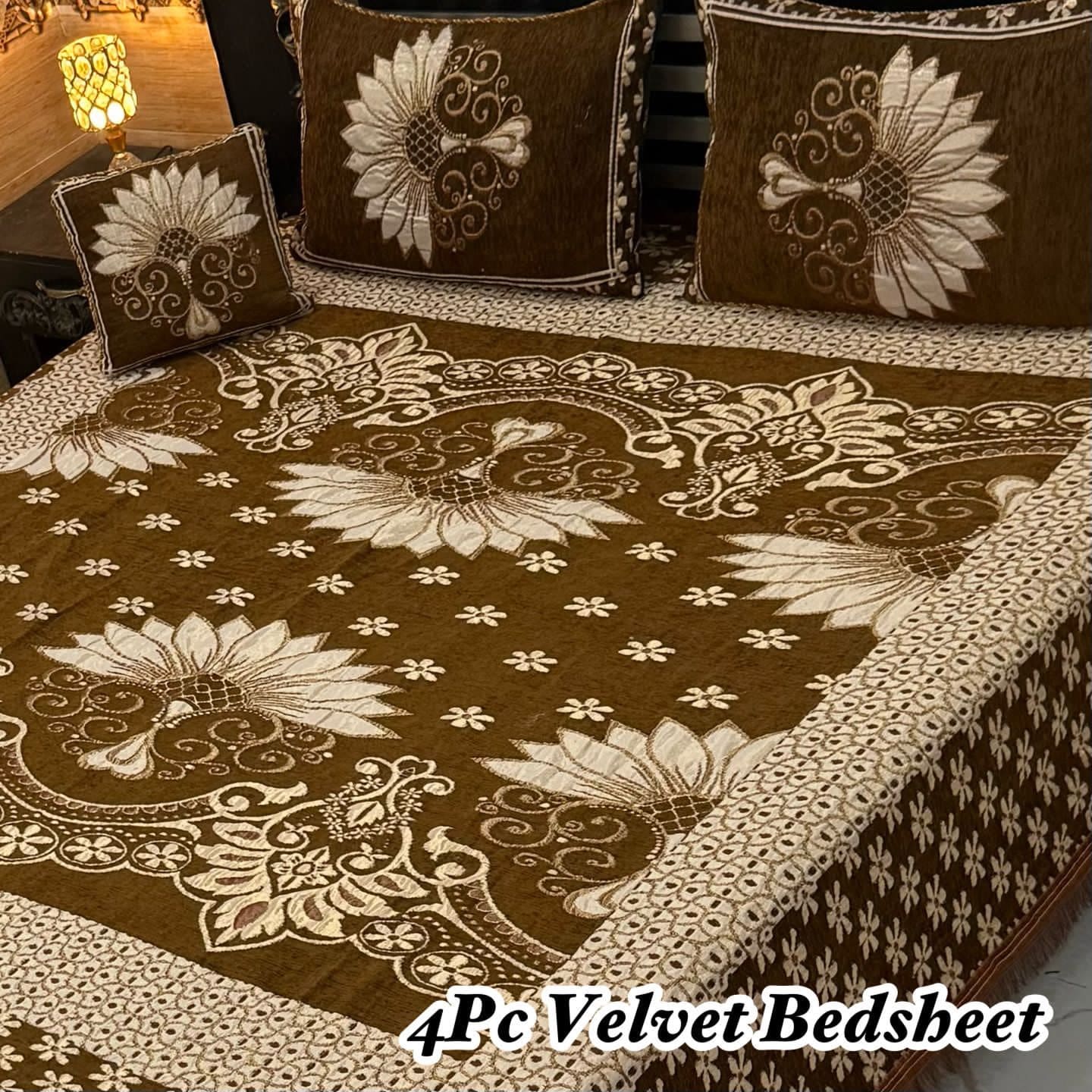Premium 4-Piece King Size Velvet Jacquard Bedsheet Set