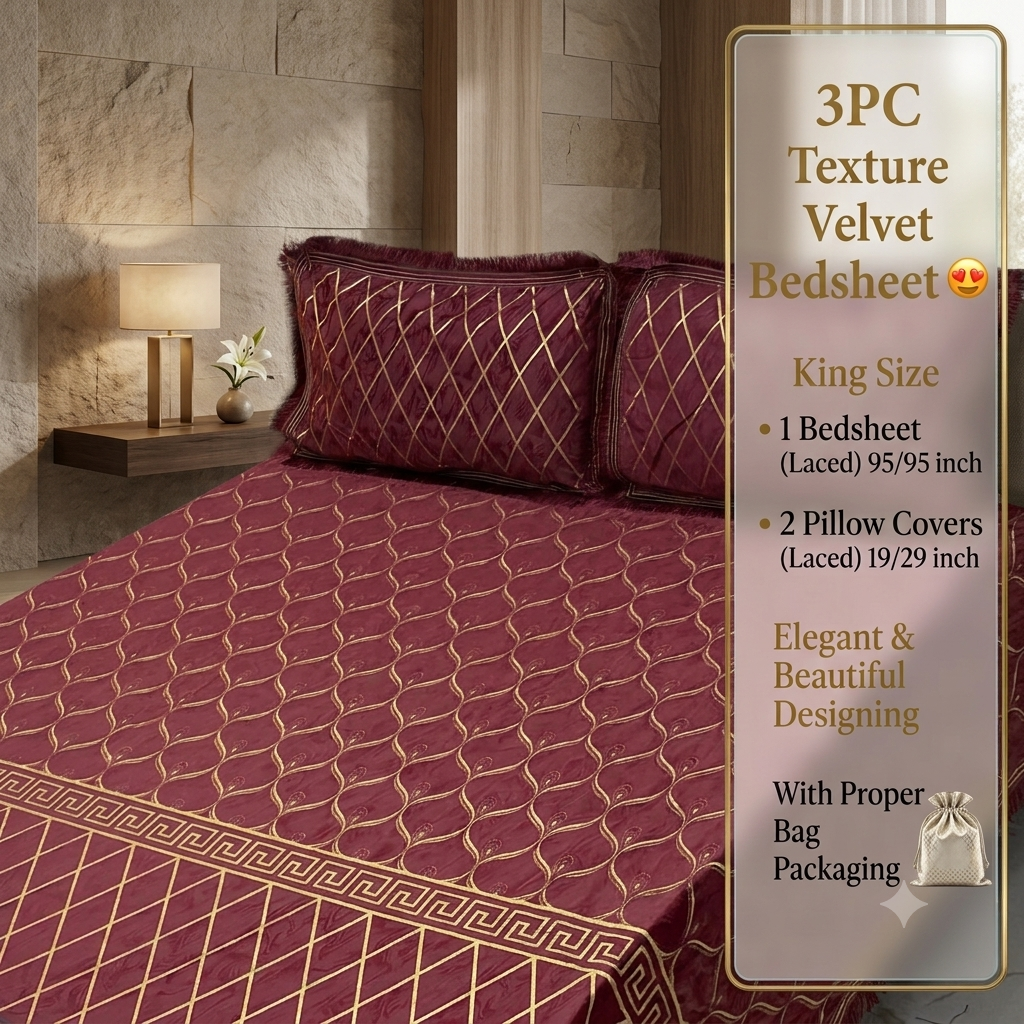 Premium 3-Piece Textured Velvet Bedsheet Set with Laced Edges & Bag Packaging (Copy)