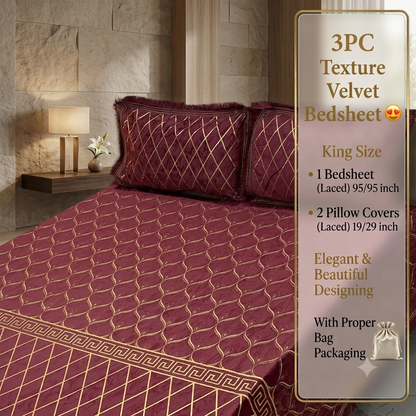 Premium 3-Piece Textured Velvet Bedsheet Set with Laced Edges & Bag Packaging (Copy)