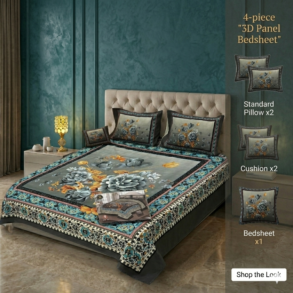 Premium 3D Panel Crystal Cotton Bedsheet Set - 4-Piece King Size (Silky Soft & Wrinkle-Resistant)