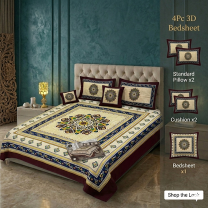 Premium 3D Panel Crystal Cotton Bedsheet Set - 4-Piece King Size (Silky Soft & Wrinkle-Resistant)