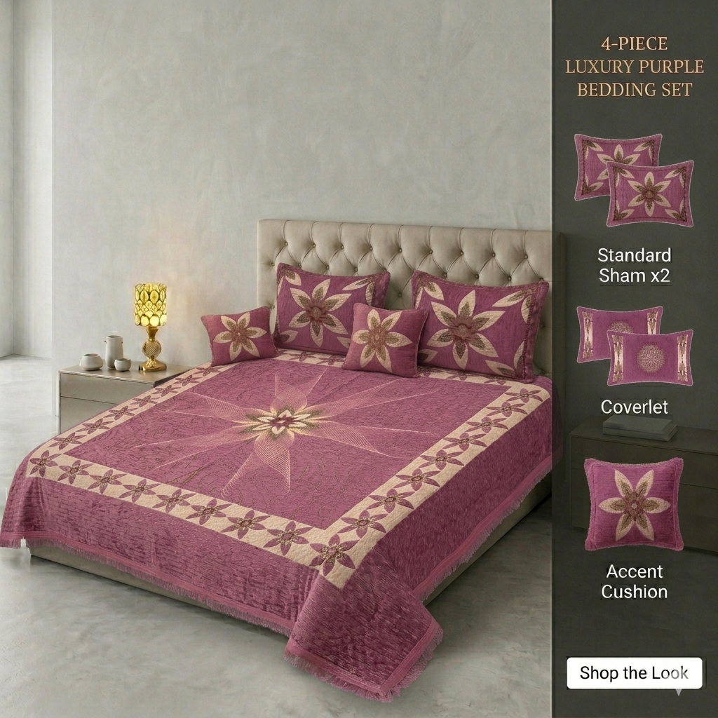 Premium King Size Velvet Jacquard Bedsheet Set - 4-Piece Luxury Bridal Bedding (100% Color Guaranteed)