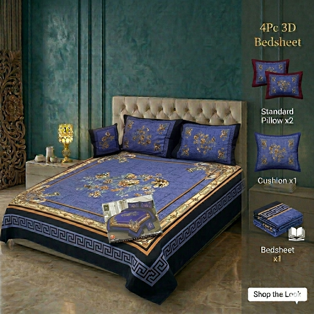 Premium 3D Panel Crystal Cotton Bedsheet Set - 4-Piece King Size (Silky Soft & Wrinkle-Resistant)