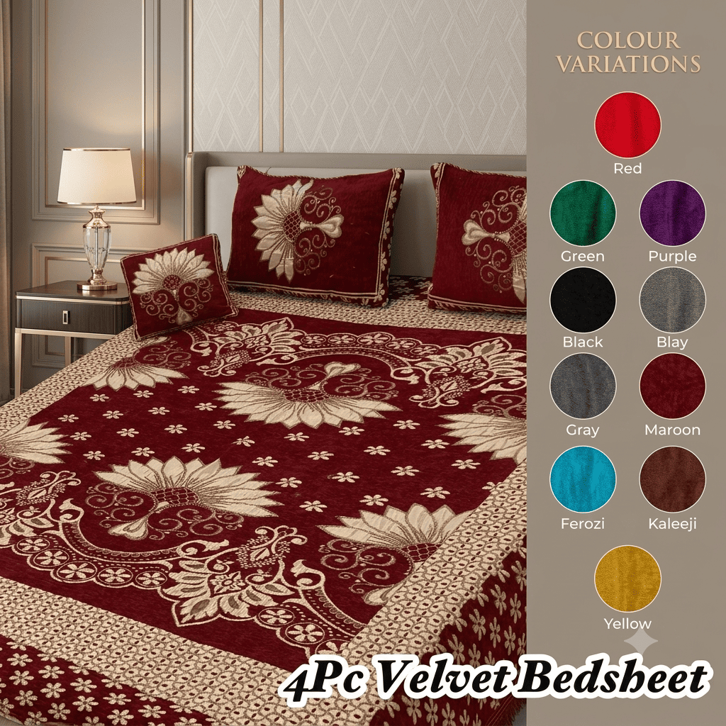 Premium 4-Piece King Size Velvet Jacquard Bedsheet Set