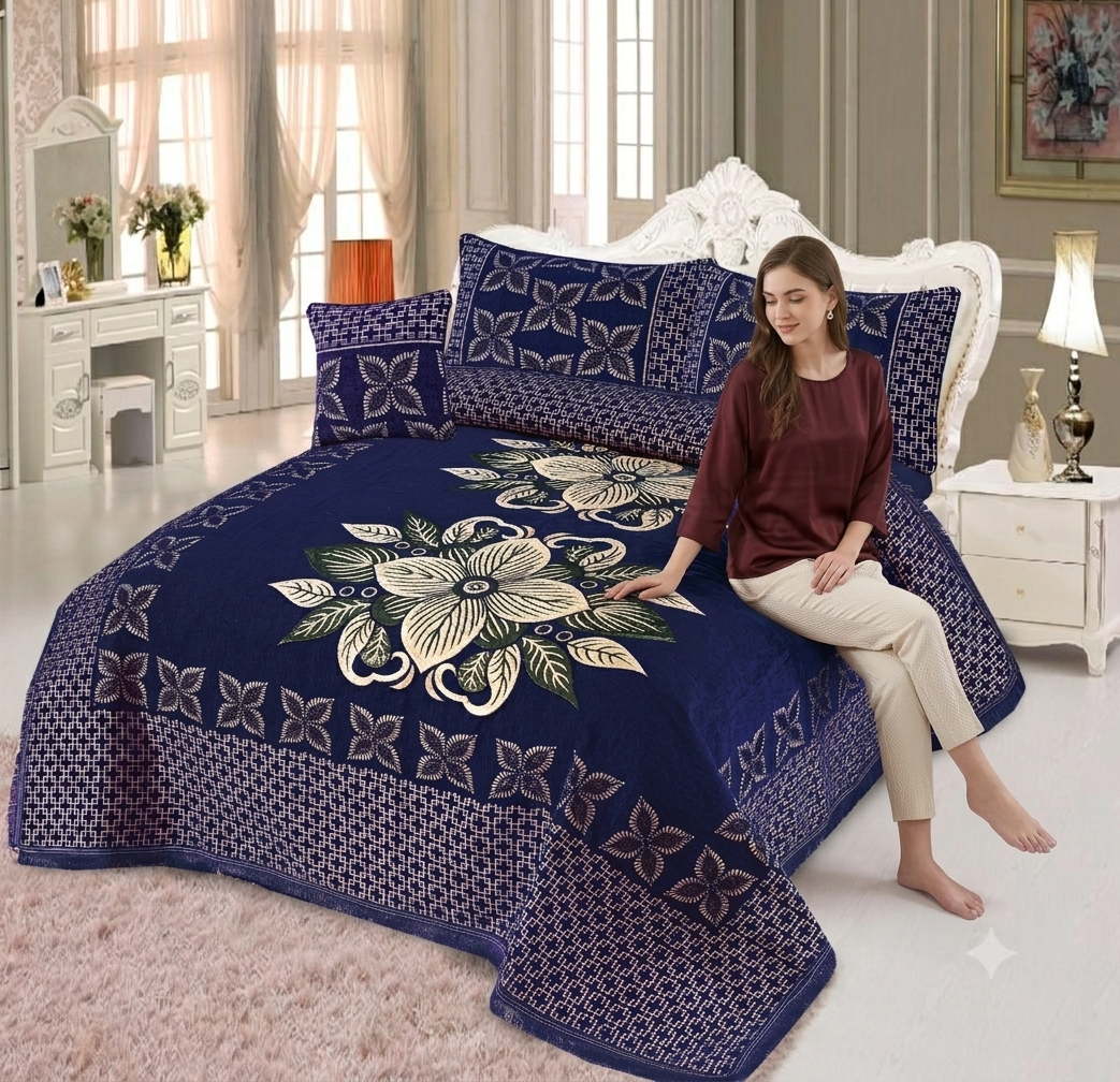 Luxury Extra King Size Turkish Velvet Jacquard Bedsheet Set - 4-Piece Premium Royal Bedding