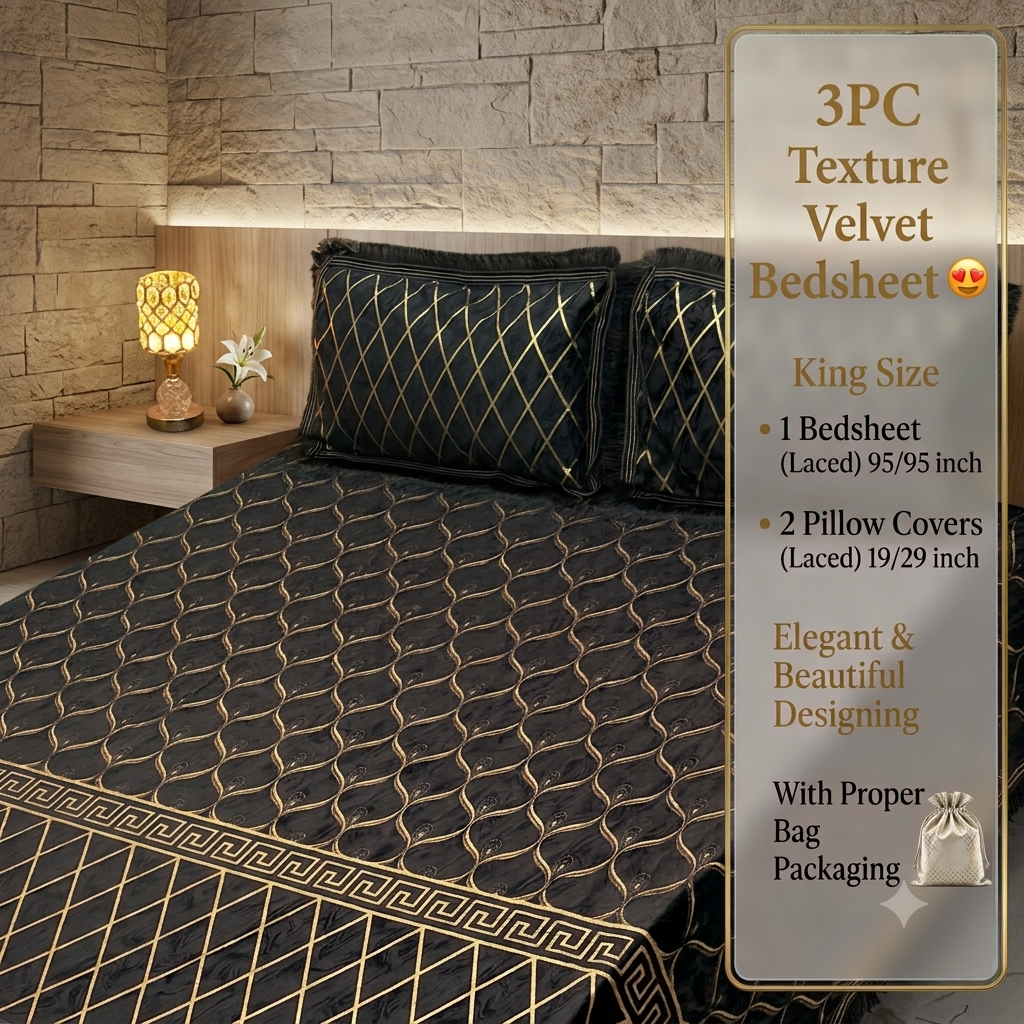 Premium 3-Piece Textured Velvet Bedsheet Set with Laced Edges & Bag Packaging (Copy)