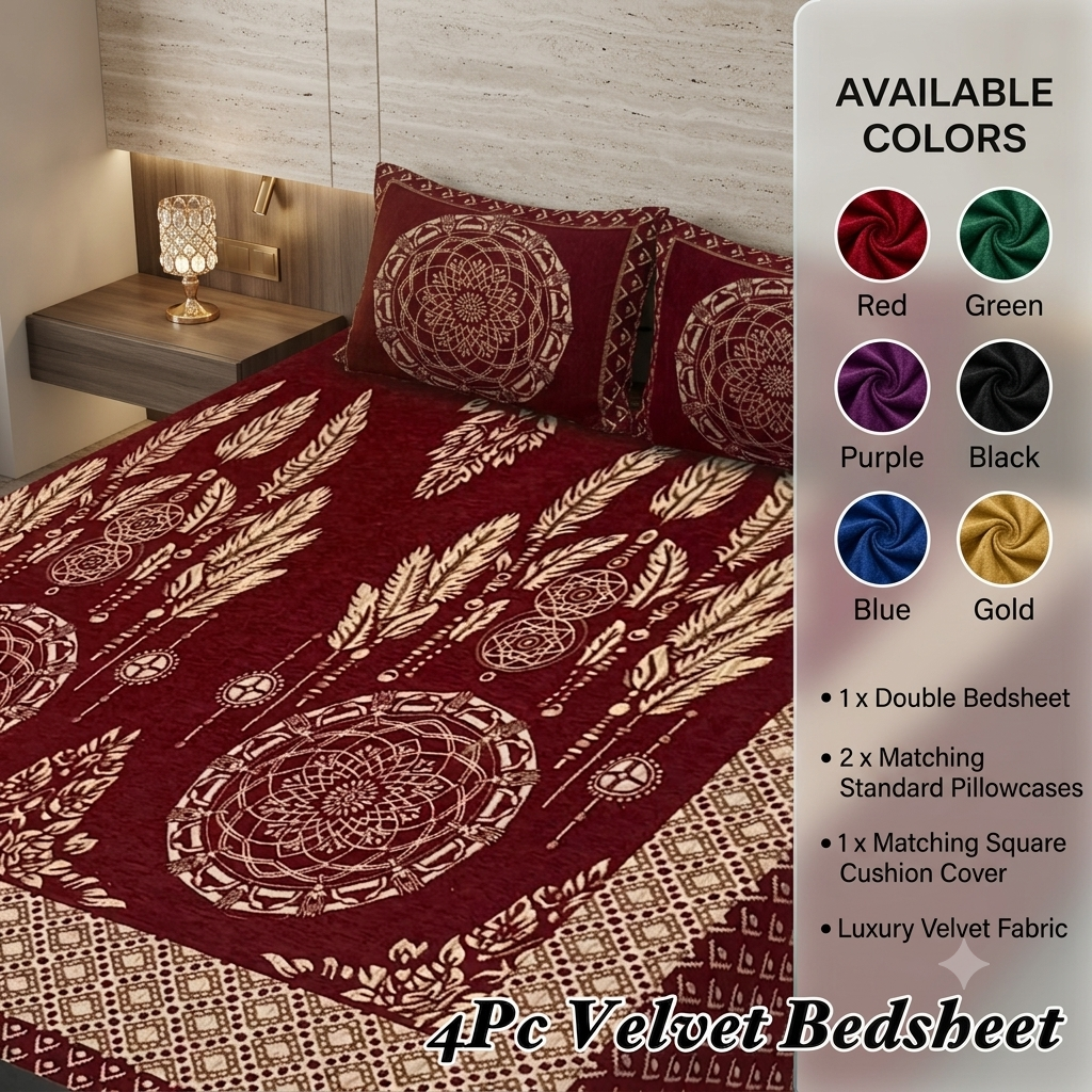 Premium 4-Piece King Size Velvet Jacquard Bedsheet Set