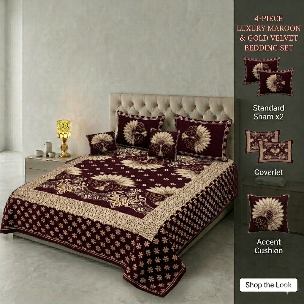 Premium King Size Velvet Jacquard Bedsheet Set - 4-Piece Luxury Bridal Bedding (100% Color Guaranteed)