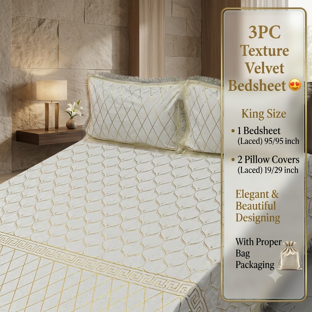 Premium 3-Piece Textured Velvet Bedsheet Set with Laced Edges & Bag Packaging (Copy)