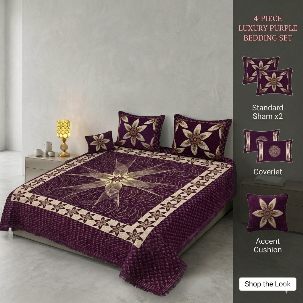 Premium King Size Velvet Jacquard Bedsheet Set - 4-Piece Luxury Bridal Bedding (100% Color Guaranteed)