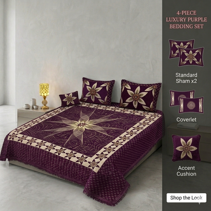 Premium King Size Velvet Jacquard Bedsheet Set - 4-Piece Luxury Bridal Bedding (100% Color Guaranteed)