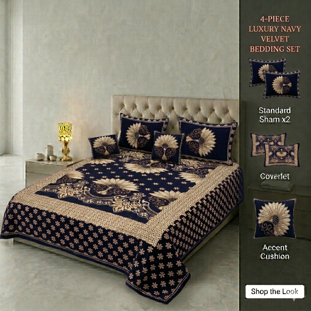 Premium King Size Velvet Jacquard Bedsheet Set - 4-Piece Luxury Bridal Bedding (100% Color Guaranteed)