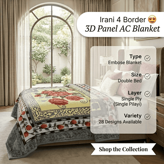 Premium Irani 4-Border 3D Panel AC Blanket - Double Bed Single Ply Embossed Kambal