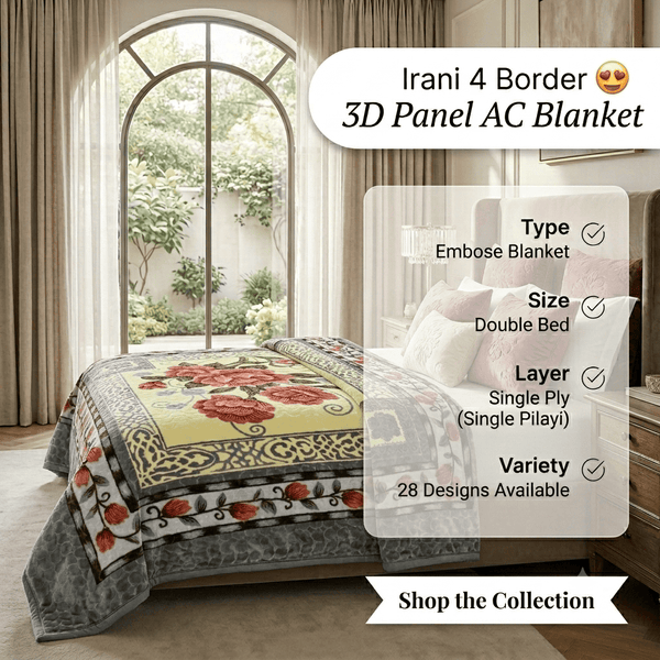 Premium Irani 4-Border 3D Panel AC Blanket - Double Bed Single Ply Embossed Kambal