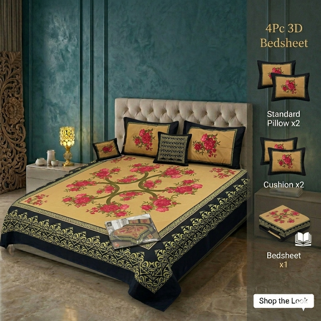 Premium 3D Panel Crystal Cotton Bedsheet Set - 4-Piece King Size (Silky Soft & Wrinkle-Resistant)