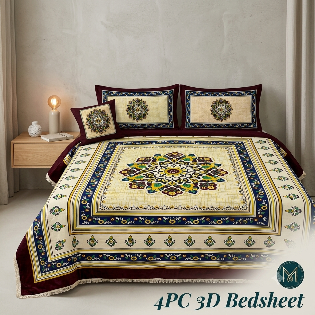 Premium 3D Panel Crystal Cotton Bedsheet Set - 4-Piece King Size (Silky Soft & Wrinkle-Resistant)