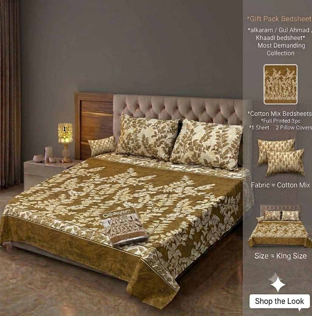 Brand Inspired Cotton Mix King Size Bedsheet Set - 3-Piece Premium Gift Pack (Alkaram, Gul Ahmed & Khaadi Style Prints)