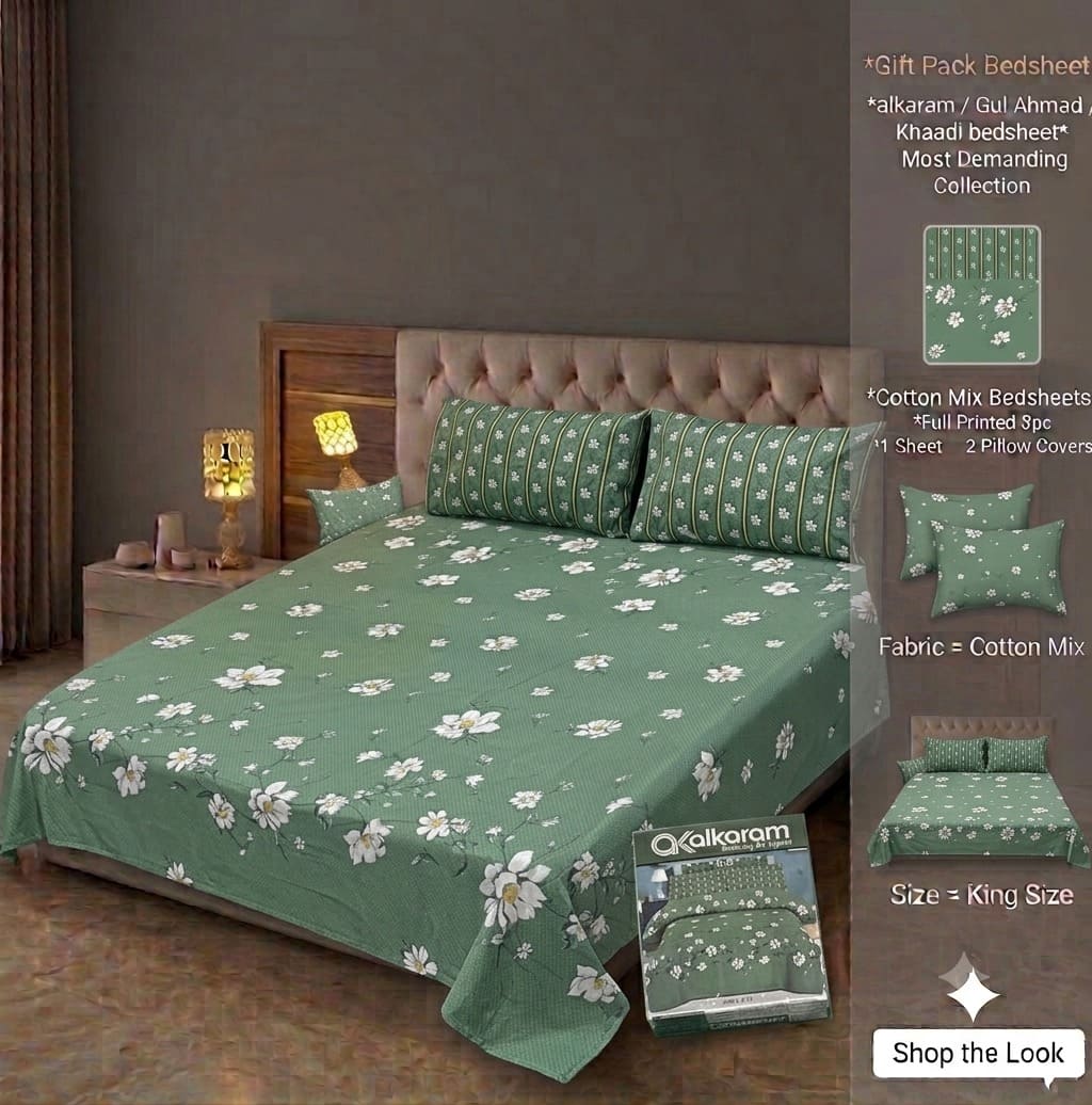 Brand Inspired Cotton Mix King Size Bedsheet Set - 3-Piece Premium Gift Pack (Alkaram, Gul Ahmed & Khaadi Style Prints)