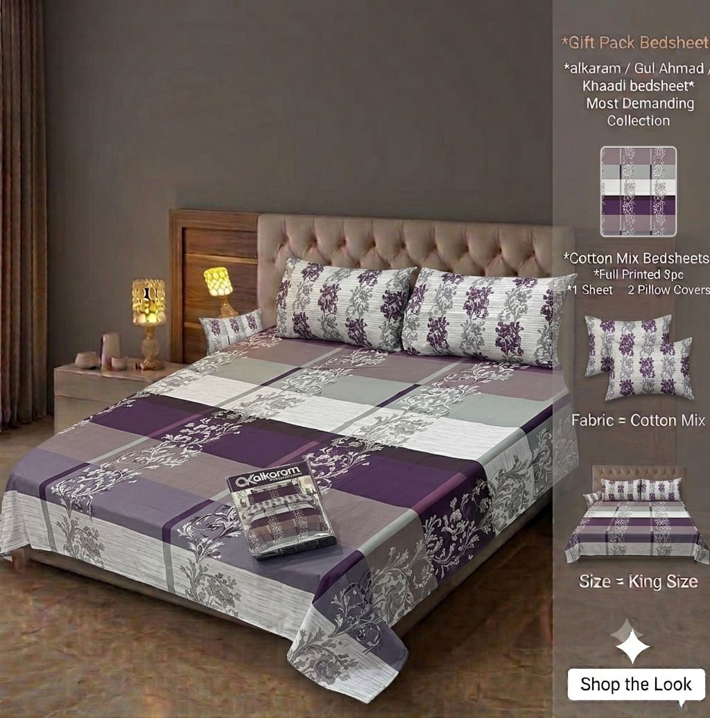 Brand Inspired Cotton Mix King Size Bedsheet Set - 3-Piece Premium Gift Pack (Alkaram, Gul Ahmed & Khaadi Style Prints)