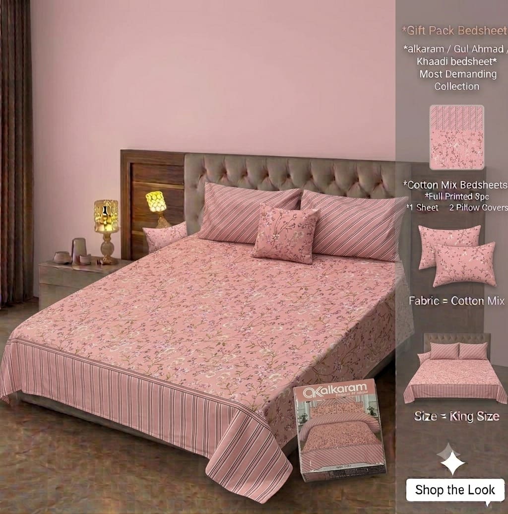 Brand Inspired Cotton Mix King Size Bedsheet Set - 3-Piece Premium Gift Pack (Alkaram, Gul Ahmed & Khaadi Style Prints)