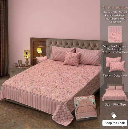 Brand Inspired Cotton Mix King Size Bedsheet Set - 3-Piece Premium Gift Pack (Alkaram, Gul Ahmed & Khaadi Style Prints)