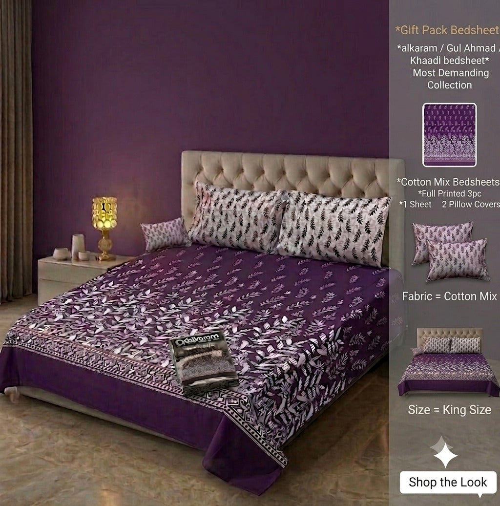 Brand Inspired Cotton Mix King Size Bedsheet Set - 3-Piece Premium Gift Pack (Alkaram, Gul Ahmed & Khaadi Style Prints)