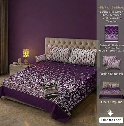 Brand Inspired Cotton Mix King Size Bedsheet Set - 3-Piece Premium Gift Pack (Alkaram, Gul Ahmed & Khaadi Style Prints)