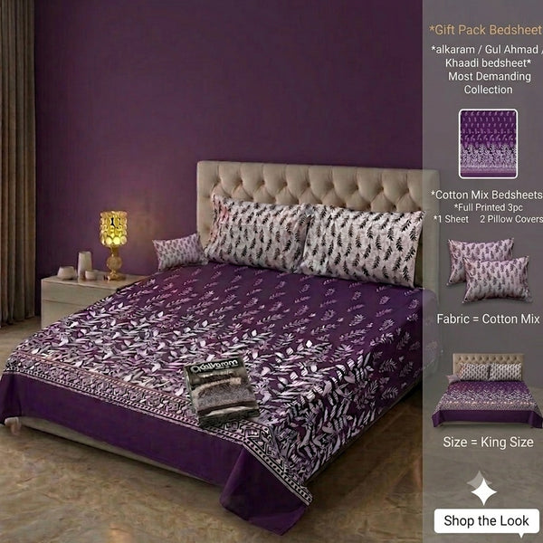 Brand Inspired Cotton Mix King Size Bedsheet Set - 3-Piece Premium Gift Pack (Alkaram, Gul Ahmed & Khaadi Style Prints)