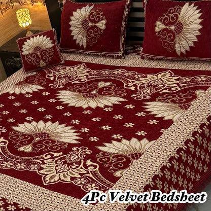 Premium 4-Piece King Size Velvet Jacquard Bedsheet Set