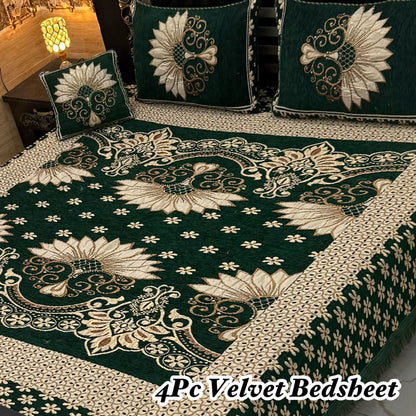 Premium 4-Piece King Size Velvet Jacquard Bedsheet Set