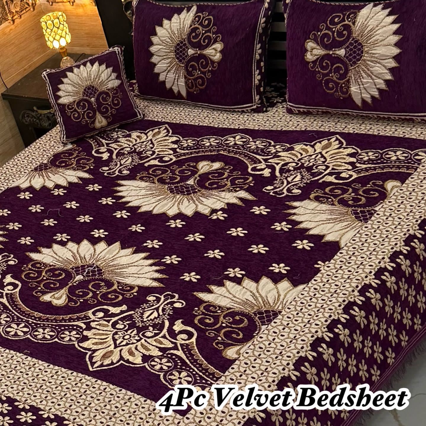 Premium 4-Piece King Size Velvet Jacquard Bedsheet Set