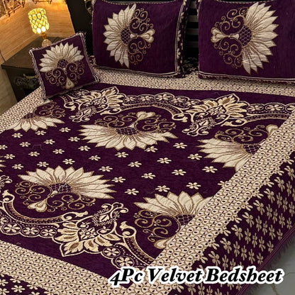 Premium 4-Piece King Size Velvet Jacquard Bedsheet Set
