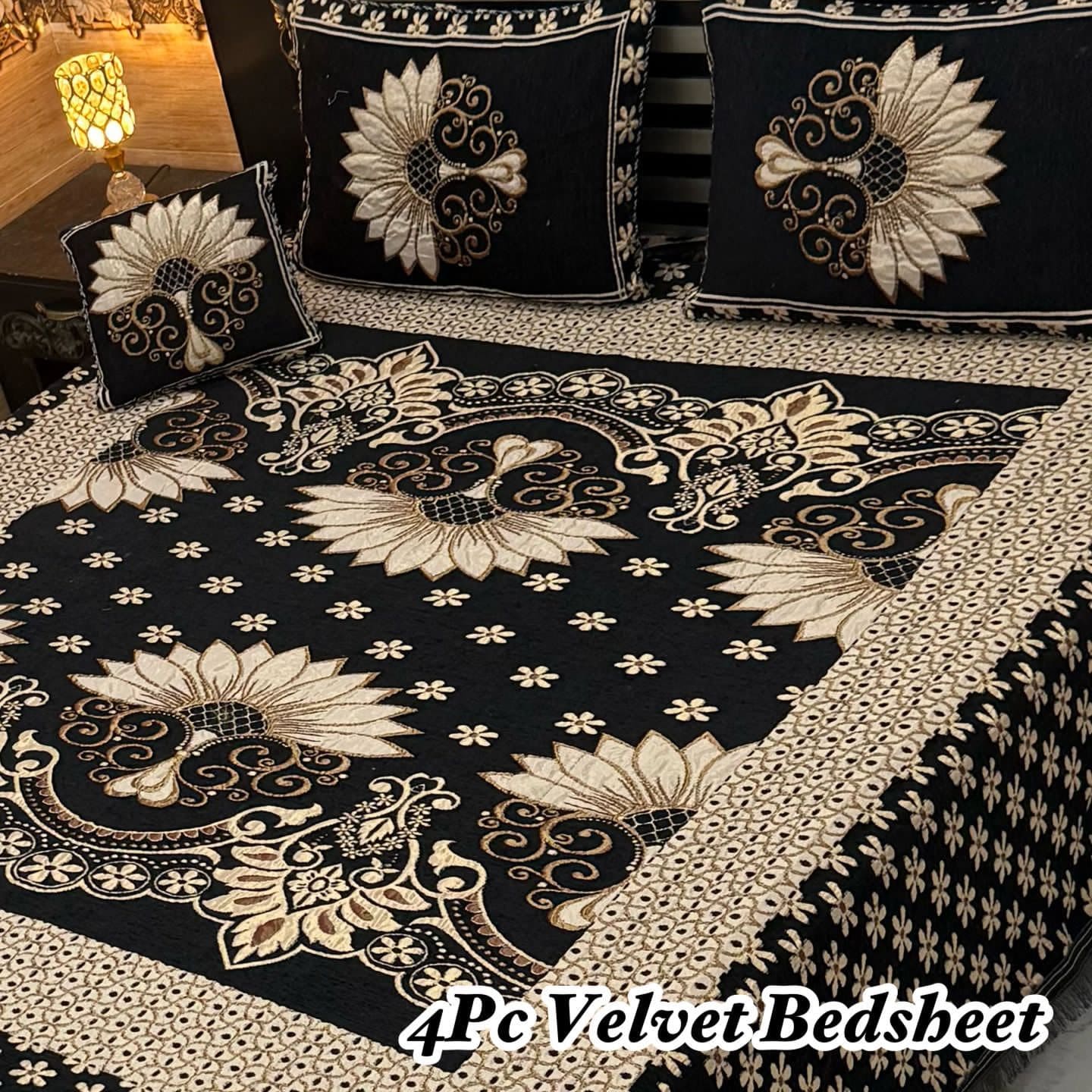 Premium 4-Piece King Size Velvet Jacquard Bedsheet Set