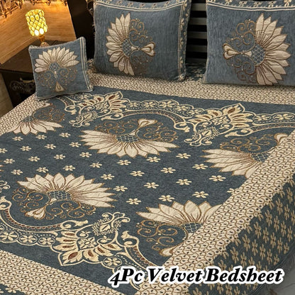 Premium 4-Piece King Size Velvet Jacquard Bedsheet Set