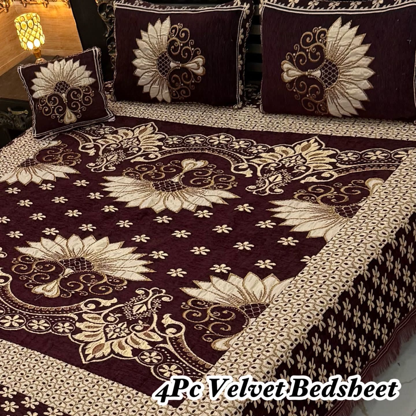 Premium 4-Piece King Size Velvet Jacquard Bedsheet Set