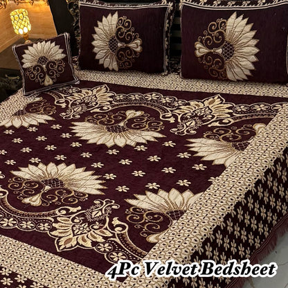 Premium 4-Piece King Size Velvet Jacquard Bedsheet Set