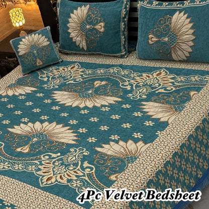 Premium 4-Piece King Size Velvet Jacquard Bedsheet Set