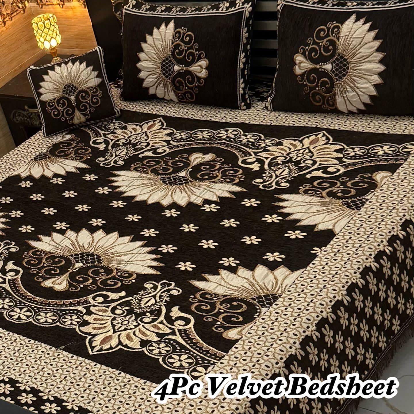 Premium 4-Piece King Size Velvet Jacquard Bedsheet Set