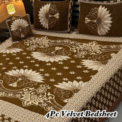 Premium 4-Piece King Size Velvet Jacquard Bedsheet Set