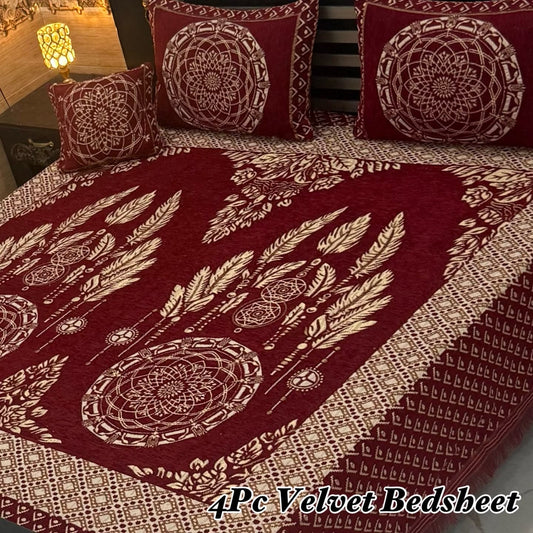 Premium 4-Piece King Size Velvet Jacquard Bedsheet Set