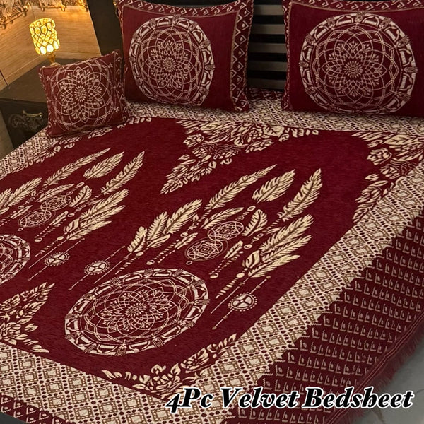 Premium 4-Piece King Size Velvet Jacquard Bedsheet Set
