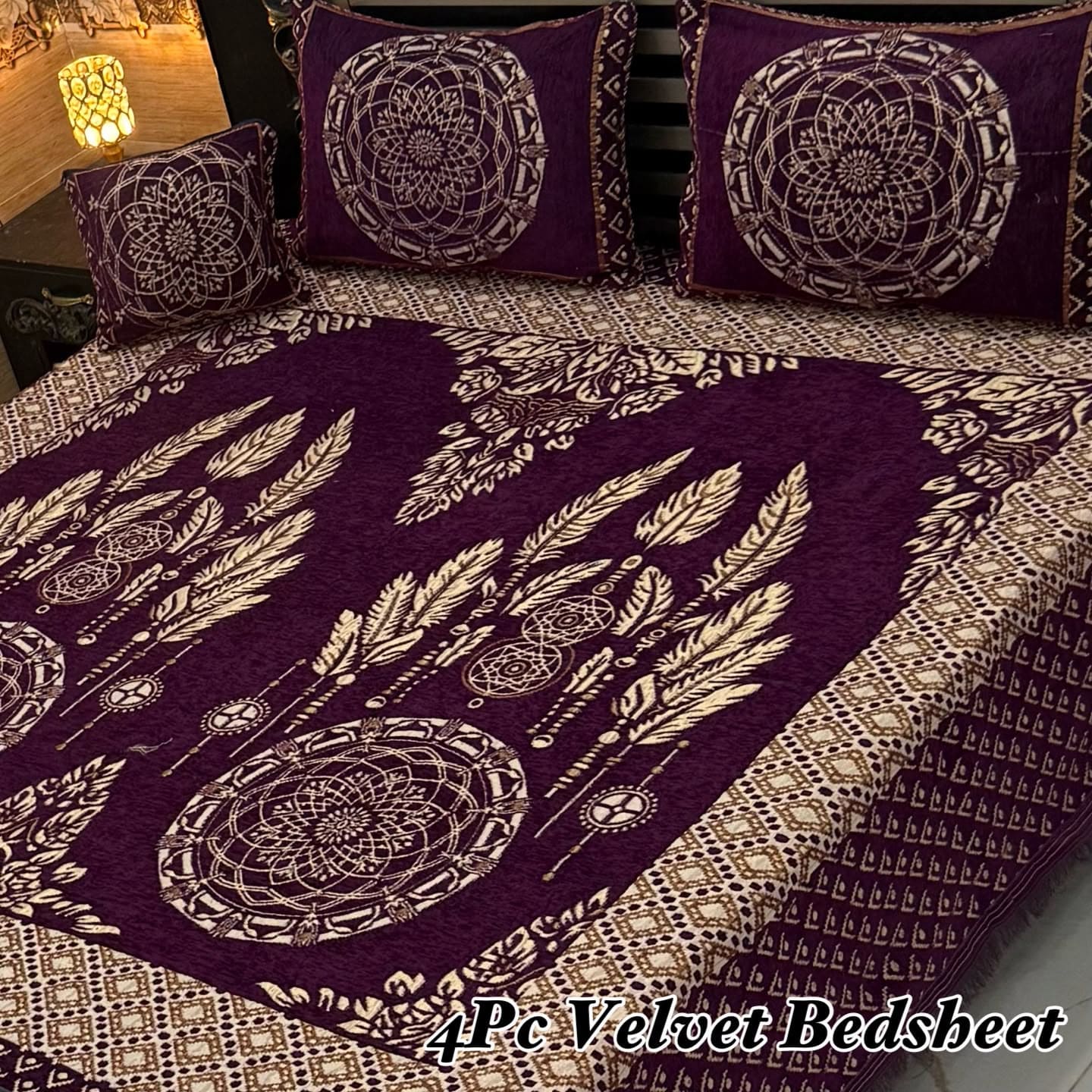 Premium 4-Piece King Size Velvet Jacquard Bedsheet Set