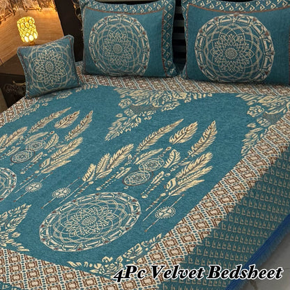 Premium 4-Piece King Size Velvet Jacquard Bedsheet Set
