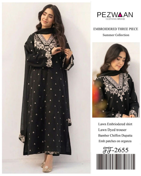 Pezwaan Lawn 2655 – Heavy Embroidered 3-Piece Suit with Bamber Chiffon Dupatta