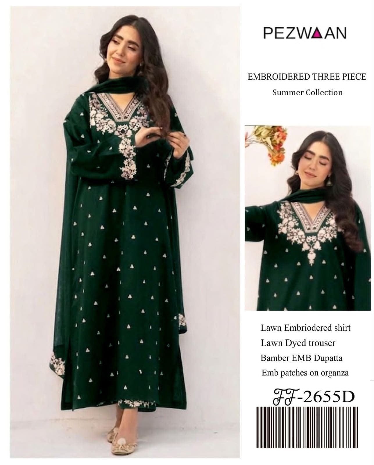 Pezwaan Lawn 2655 – Heavy Embroidered 3-Piece Suit with Bamber Chiffon Dupatta